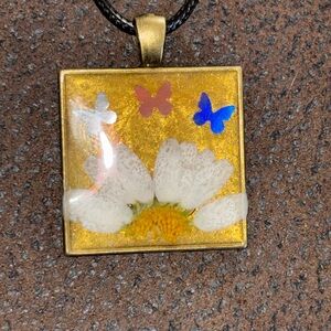Handcrafted Gold and White Square Pendant Necklace with Nature-Inspired Design